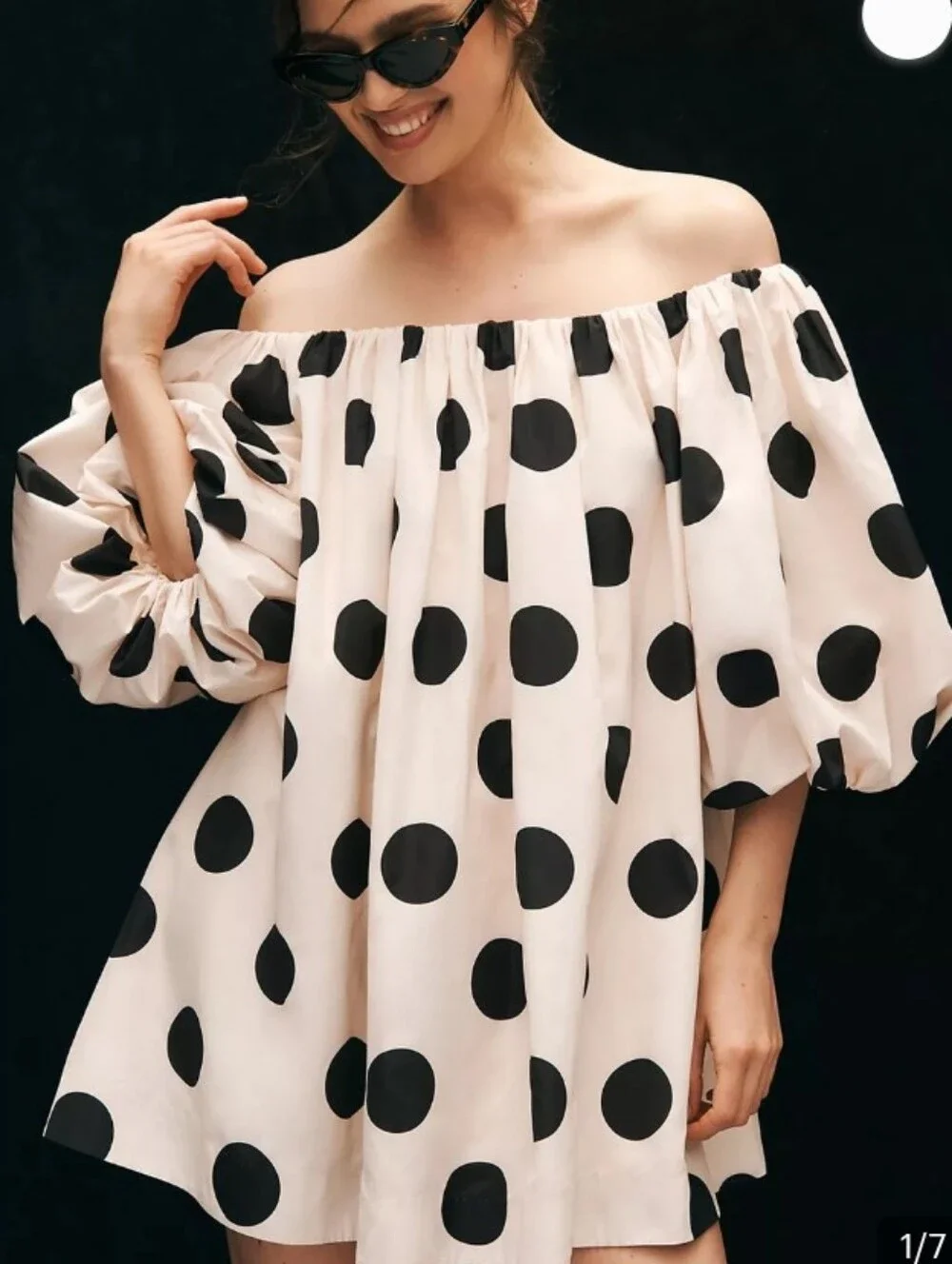Anthropology Mare Mare Off-Shoulder Polka Dot Puff Sleeve Dress XL - Picture 2 of 12